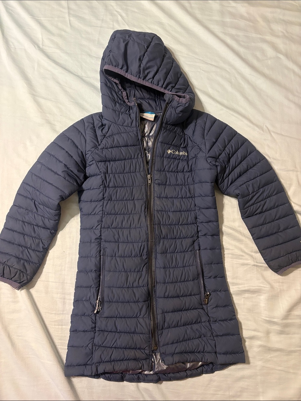 Columbia Kids Navy Hooded Long Puffer Jacket Omniheat 7-8